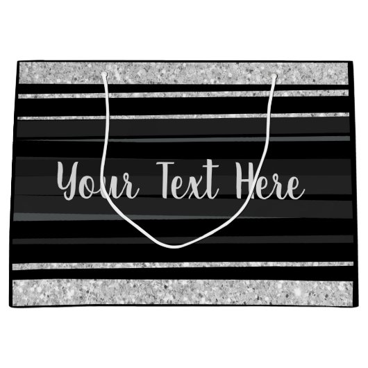 Gepersonaliseerde zilverglitter zwarte streep groot cadeauzakje (Voorkant)