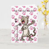 Gepersonaliseerde Zingende Kat Wenskaarten - Roze Kaart (Gele Bloem)