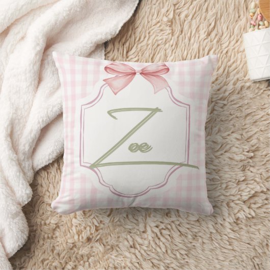 Gepersonaliseerde Zoe Baby Girl Nursery Bow & Ging Kussen (Deken)