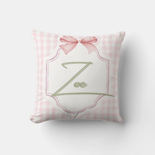Gepersonaliseerde Zoe Baby Girl Nursery Bow & Ging Kussen (Voorkant)