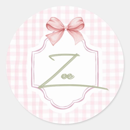 Gepersonaliseerde Zoe Baby Girl Nursery Bow & Ging Ronde Sticker (Voorkant)