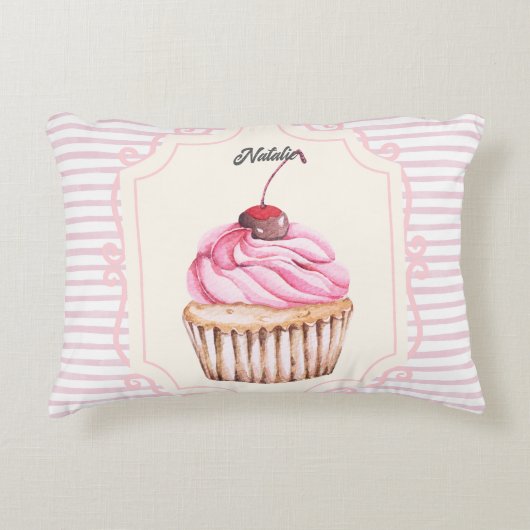 Gepersonaliseerde zoete cupcake Shabby Chic Border Accent Kussen (Voorkant)