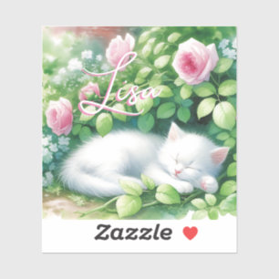 Gepersonaliseerde zoete witte kitten napping sticker