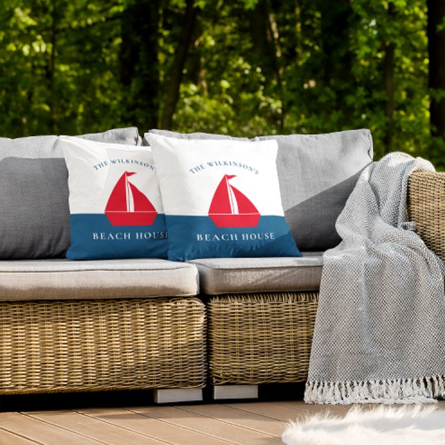 Gepersonaliseerde zomer nautische strand huis kussen (personalized nautical red white and blue maritime throw pillow , ideal for family vacation home.)