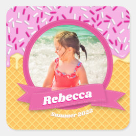 Gepersonaliseerde Zomer Roze Ice Cream Waffle Foto Vierkante Sticker
