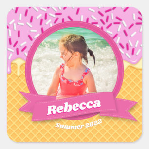 Gepersonaliseerde Zomer Roze Ice Cream Waffle Foto Vierkante Sticker