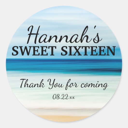 Gepersonaliseerde Zomer Strand Sweet 16 Dank u Ronde Sticker (Voorkant)