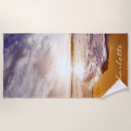 Gepersonaliseerde zomer zonsondergang strand strandlaken (Voorkant)