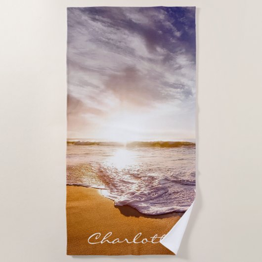 Gepersonaliseerde zomer zonsondergang strand strandlaken (Voorkant)