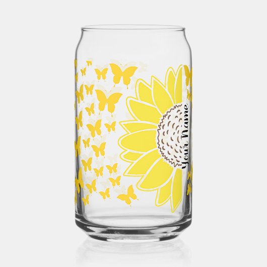 Gepersonaliseerde zonnebloem in vlinders blikvorm glas (Voorkant)
