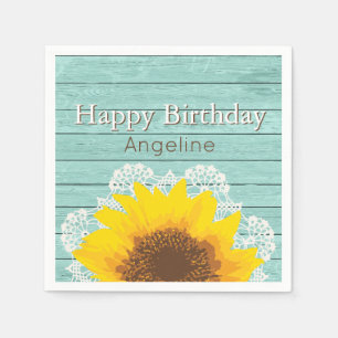 Gepersonaliseerde zonnebloem, kant en hout servet