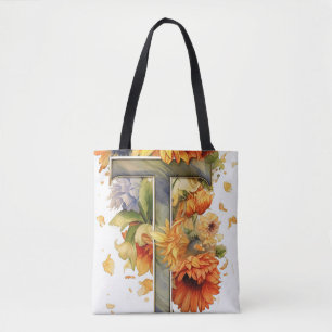 Gepersonaliseerde Zonnebloem Waterverf Letter T Tote Bag