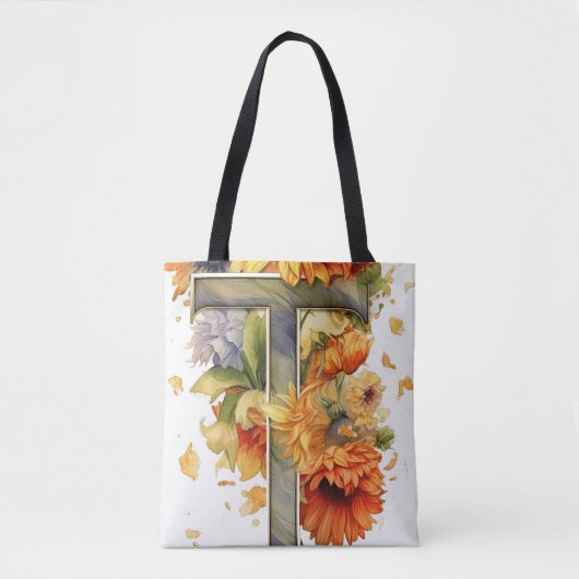 Gepersonaliseerde Zonnebloem Waterverf Letter T Tote Bag (Voorkant)