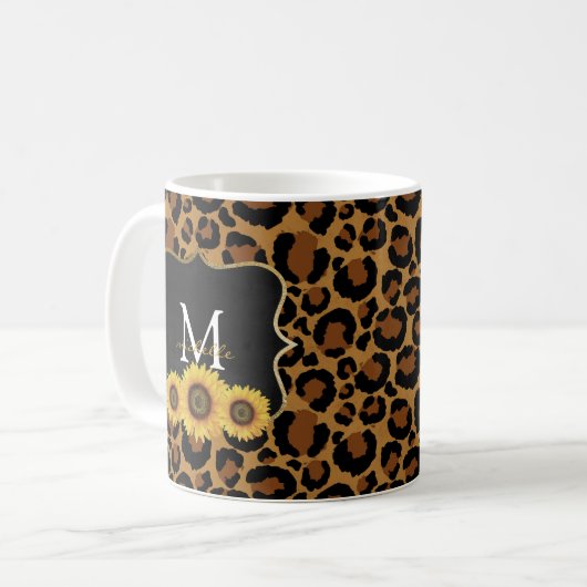 Gepersonaliseerde Zonnebloemen & Leopard Koffie Mo Koffiemok (Voorkant links)