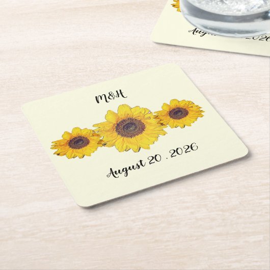 gepersonaliseerde zonnebloemolie - bruiloft met sc kartonnen onderzetters (Schuin)