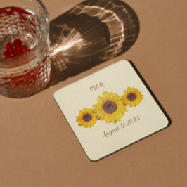 gepersonaliseerde zonnebloemolie - bruiloft met sc kartonnen onderzetters