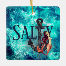 Gepersonaliseerde zoute zeemeermin en anker kerst keramisch ornament