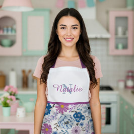 Gepersonaliseerde zusternaam waterverf bloemenkeuk schort
