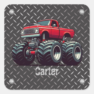 Gepersonaliseerde, zware metalen monstertruck vierkante sticker