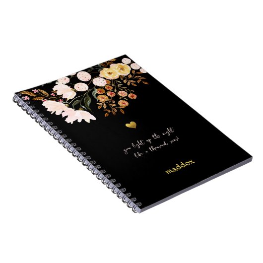 Gepersonaliseerde zwart en bloemen notitieboek (Rechterzijde)