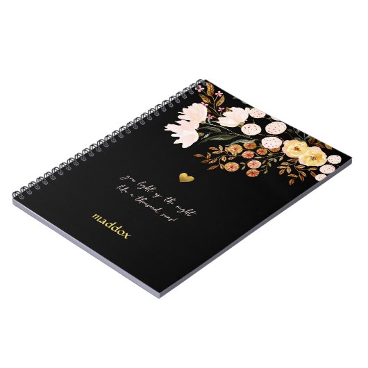 Gepersonaliseerde zwart en bloemen notitieboek (Linkerzijde)