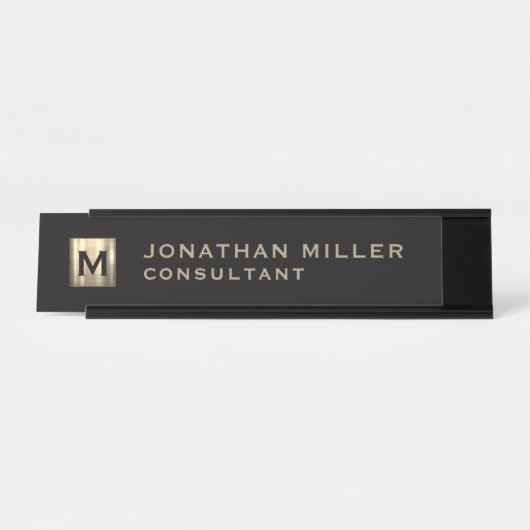 Gepersonaliseerde zwart- en goudmonogram bureau naambordje (Voorkant)
