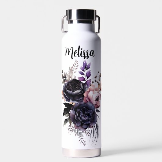 Gepersonaliseerde zwart en roze bloemen waterfles (Voorkant)
