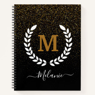 Gepersonaliseerde Zwart Goud Glitter Monogram Naam Notitieboek