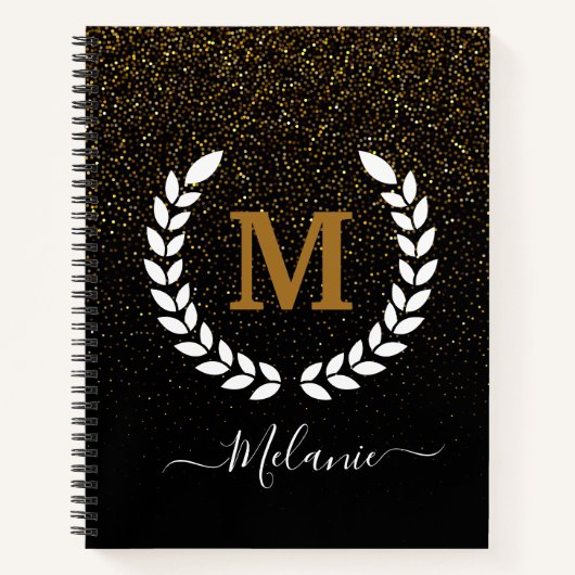 Gepersonaliseerde Zwart Goud Glitter Monogram Naam Notitieboek (Voorkant)