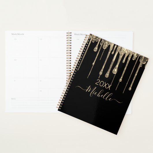 Gepersonaliseerde Zwart Goud Glitter Monogram Naam Planner (Display)