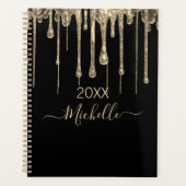 Gepersonaliseerde Zwart Goud Glitter Monogram Naam Planner (Voorkant)