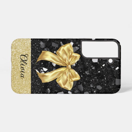 Gepersonaliseerde zwart-gouden glitterprint met st samsung galaxy hoesje (Achterkant horizontaal)