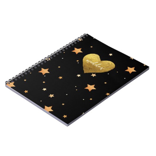 Gepersonaliseerde zwart-gouden glittersterren notitieboek (Linkerzijde)