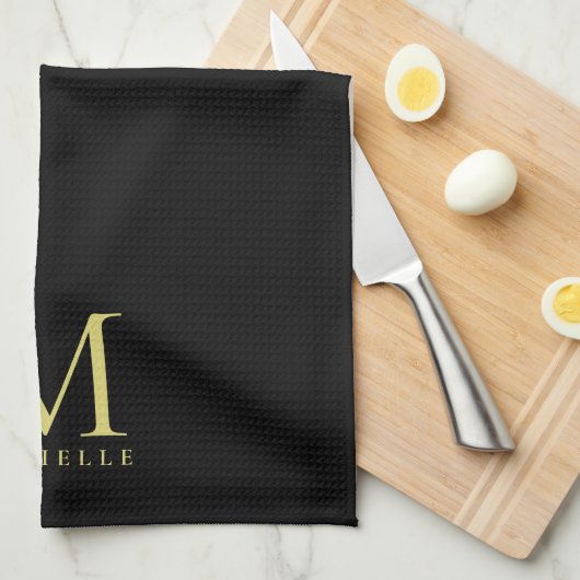 Gepersonaliseerde zwart gouden monogram Sjabloon Theedoek (Quarter Fold)
