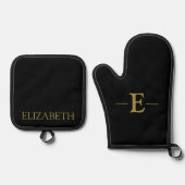 Gepersonaliseerde Zwart & Gouden Oven Mitt en Pot Ovenwant & Pannenlap Set (Voorkant)
