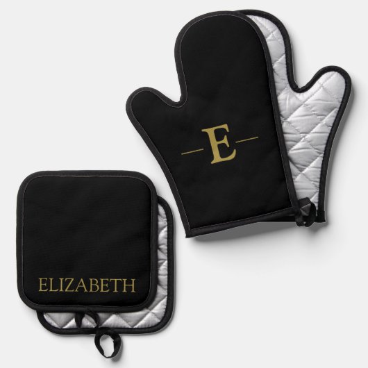Gepersonaliseerde Zwart & Gouden Oven Mitt en Pot Ovenwant & Pannenlap Set (Voorkant / Achterkant)