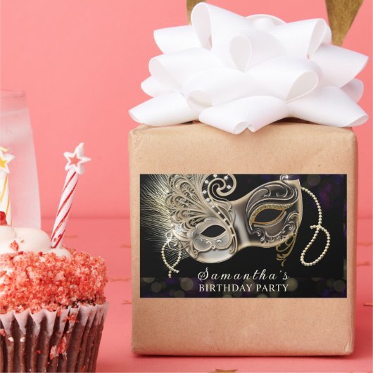 Gepersonaliseerde zwart gouden Paarse Masquerade P Rechthoekige Sticker (Feest)