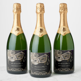Gepersonaliseerde zwart gouden Paarse Masquerade P Sparkling Wijnetiket