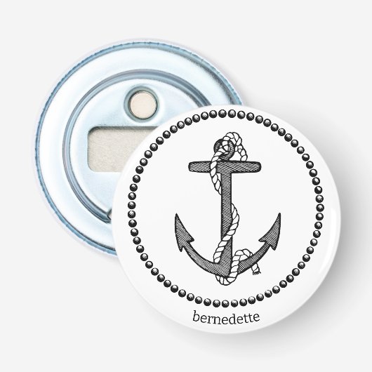 Gepersonaliseerde zwart op witte schip anker button flesopener (Voorkant)
