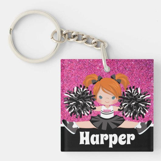 Gepersonaliseerde zwart & roze cheerleading Sleute Sleutelhanger (Voorkant)