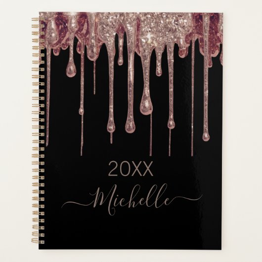 Gepersonaliseerde Zwart Roze Glitter Monogram Naam Planner (Voorkant)