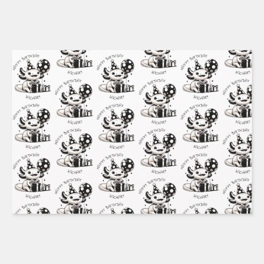 Gepersonaliseerde zwart-wit Axolotl Verjaardag Inpakpapier Vel (Voorkant)