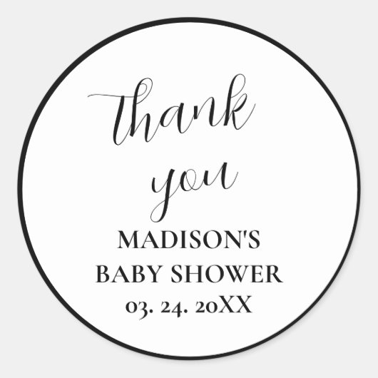 Gepersonaliseerde zwart-wit Baby shower Dank u Ronde Sticker (Voorkant)