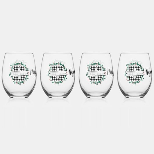 Gepersonaliseerde zwart-wit Buffalo Plaid (B) Wijnglas Zonder Voet (Voorkant)