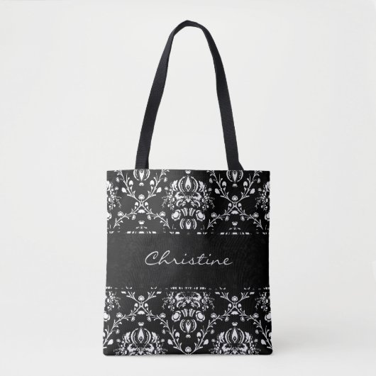 Gepersonaliseerde zwart-wit damast tote bag (Voorkant)