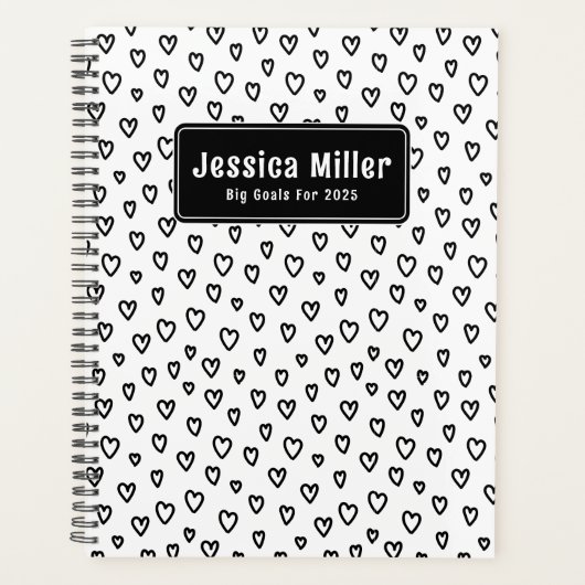 Gepersonaliseerde Zwart & Wit Doodle Patroon Hart Planner (Voorkant)