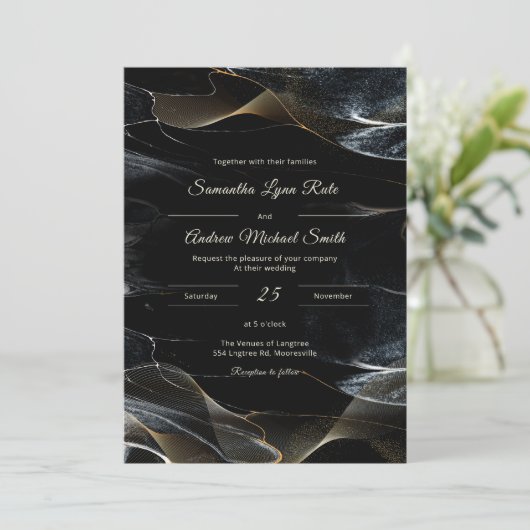 Gepersonaliseerde zwart wit en gouden bruiloft kaart (Staand voorkant)