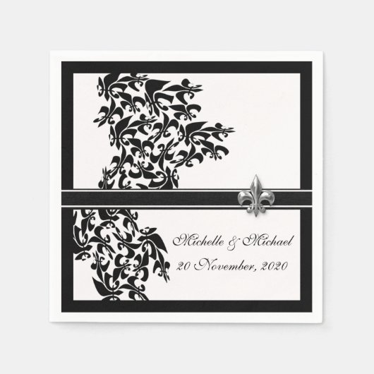 Gepersonaliseerde Zwart Wit Fleur de Lis Damask St Servet (Voorkant)
