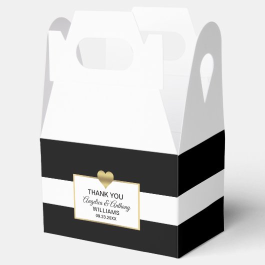 Gepersonaliseerde zwart wit goud hart bruiloft bedankdoosjes (Geopend)