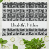 Gepersonaliseerde Zwart Wit Griekse Meander Key Theedoek (Gevouwen)